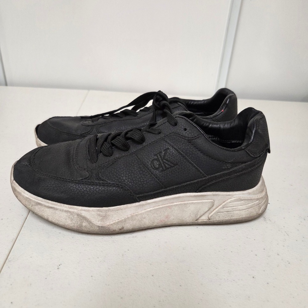 Calvin Klein Jeans Mens Black Faux Leather Fashion Sneakers Lace Up Size 10.5